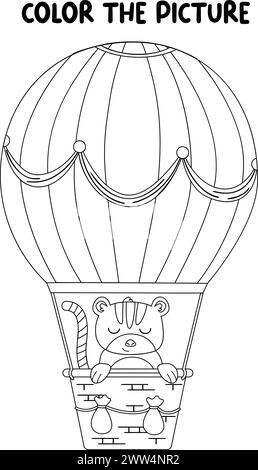 Kinder Malbuch Seite. Tiger auf Ballon spielt auf Flöte isoliert auf weißem Hintergrund. Stock Vektor