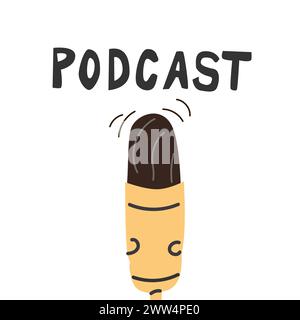 Hintergrund im Podcast-Cover-Design mit Mikrofon in flachem Stil. Vektorillustration handgezeichnet. Kann für Broadcasting, Podcast-Banner, Cover-Vorlage für soziale Netzwerke verwendet werden. Stock Vektor