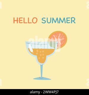 Hello Summer Banner, Poster oder Cover mit Cocktail mit Zitrusfrüchten. Vektorabbildung auf gelbem Hintergrund Stock Vektor
