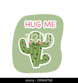 Süßer Kaktuscharakter mit Wort umarmen mich - Aufkleber. Vektorillustration auf grünem Hintergrund Stock Vektor