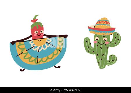 Lustige, süße Charaktere Chilischote tanzen und Kakteen im Hut. Kann für Cinco de Mayo verwendet werden - 5. Mai, Bundesfeiertag in Mexiko. Stock Vektor