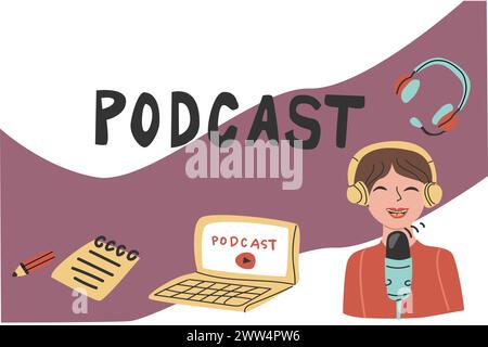 Hintergrund im Podcast-Cover-Design mit Frau im flachen Stil. Vektorillustration handgezeichnet. Kann für Broadcasting, Podcast-Banner, Cover-Vorlage für soziale Netzwerke verwendet werden. Stock Vektor