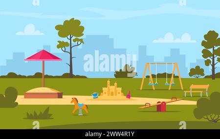 Öffentlicher Park in der Stadt mit Kinderspielplatz. Spielplatzelemente für Kinder. Rutsche, Bänke, Sandkasten, Schaukel- und Erholungspark, bis Stock Vektor