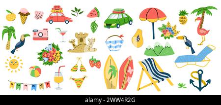 Großer Sommer Set handgezeichneter Gegenstände - Auto mit Gepäck, Regenschirm, Badeanzug, Sonne, Ball, Strandstuhl, Flamingo und tropische Vögel Tukane, Anker, Fotokamera, tropische Früchte. Stock Vektor