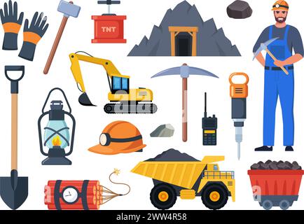 Symbole für den Bergbau der Kohleindustrie, Set. Werkzeuge und Ausrüstungen für die Herstellung, LKW und Bergwerke, Mineralbrennstoff, Minenzeichen, Zeichen von Maschinen und Müllkippen. Vektor Stock Vektor