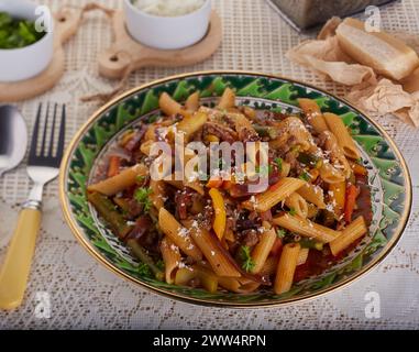 Pasta Bolognese garniert mit Kräutern und geriebenem Käse. Stockfoto