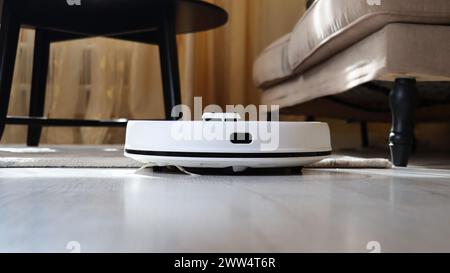 Roboter-Staubsauger auf Laminatholzboden und Teppich im Wohnzimmer. Stockfoto