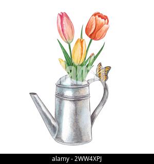 Tulpen in einer Gießkanne. Handgezeichnete Aquarellillustration einer alten Vintage-Gießkanne mit Blumen. Clipart auf weißem Hintergrund zum Thema o Stockfoto