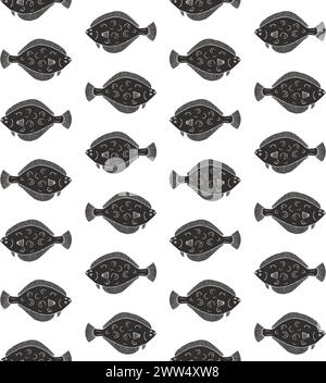 Nahtloses Vektor-Muster von Hand gezeichneter Kritzelskizze Flunder Fisch isoliert auf weißem Hintergrund Stock Vektor