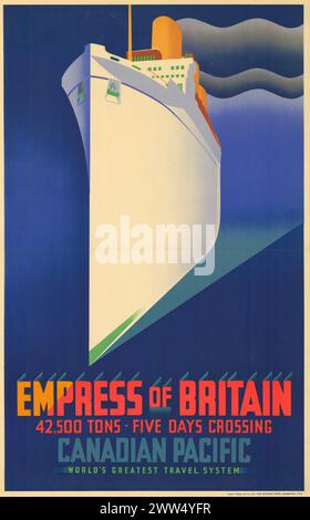 Vintage 1930er Poster RMS Empress of Britain Kanadischer Pazifik 42.500 Tonnen 5-tägige Überquerung des World Greatest Travel System Ocean Liner Dampfschiffes Stockfoto