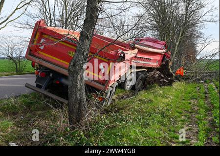 Leipzig - LKW kommt von Straße ab und kracht in Baum: Eingeklemmter Fahrer muss von Feuerwehr befreit werden - schwer verletzt 18.03.2024 gegen 14,30 Uhr Leipzig-Liebertwolkwitz, Güldengossaer Straße zu einem schweren Unfall kam es am Montagnachmittag gegen 14,30 Uhr in Markkleeberg. Nach ersten Angaben der Polizei war der Fahrer eines Lastwagens mit Anhänger auf der Güldengossaer Straße von Liebertwolkwitz kommend in Richtung Güldengossa unterwegs, als er aus bislang ungeklärter Ursache nach rechts von der Fahrbahn abkam und schwer mit einem Baum am Straßenrand kollidiert ist. Der LKW fällte Stockfoto