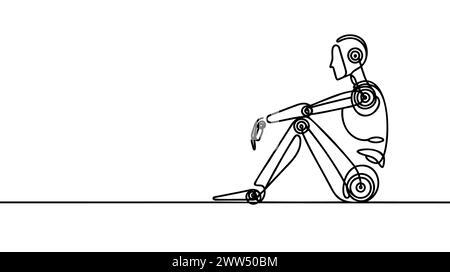 Sitzender Roboter mit durchgehender einzeiliger Zeichnung. Computer-Mann oder Cyborgs aus Metall. Freundlicher Mechanismus. Grafische Vektorgrafik-Illustration für eine einzelne Linie Stock Vektor