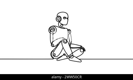 Sitzender Roboter mit durchgehender einzeiliger Zeichnung. Computer-Mann oder Cyborgs aus Metall. Freundlicher Mechanismus. Grafische Vektorgrafik-Illustration für eine einzelne Linie Stock Vektor