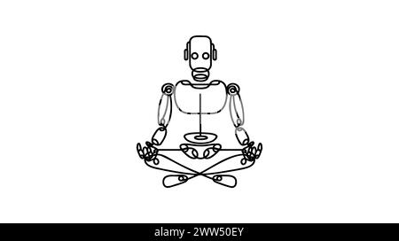 Sitzender Roboter mit durchgehender einzeiliger Zeichnung. Computer-Mann oder Cyborgs aus Metall. Freundlicher Mechanismus. Grafische Vektorgrafik-Illustration für eine einzelne Linie Stock Vektor