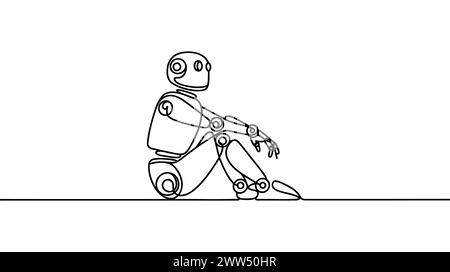 Sitzender Roboter mit durchgehender einzeiliger Zeichnung. Computer-Mann oder Cyborgs aus Metall. Freundlicher Mechanismus. Grafische Vektorgrafik-Illustration für eine einzelne Linie Stock Vektor