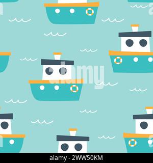 Niedliches nahtloses Sommermuster. Marine Textur mit Booten. Kindliche Vektor-Illustration. Stock Vektor