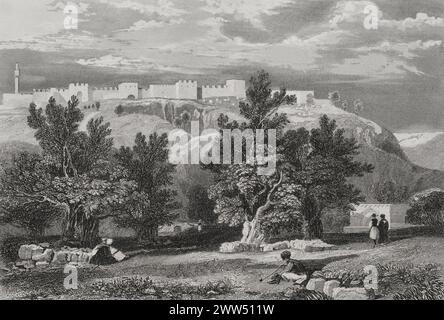 Jerusalem. Olivengarten. Stich von Aubert. "La Tierra Santa y los lugares recorridos por los profetas, por los apóstoles y por los cruzados" (das Heilige Land und die von den Propheten, den Aposteln und den Kreuzfahrern durchquerten Stätten). Veröffentlicht in Barcelona von der Druckerei Joaquin Verdaguer, 1840. Stockfoto