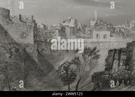 Jerusalem. Blick vom Stephanstor, traditionell bekannt als der Pool von Bethesda. Stich von Emile Rouargue. "La Tierra Santa y los lugares recorridos por los profetas, por los apóstoles y por los cruzados" (das Heilige Land und die von den Propheten, den Aposteln und den Kreuzfahrern durchquerten Stätten). Veröffentlicht in Barcelona von der Druckerei Joaquin Verdaguer, 1840. Stockfoto