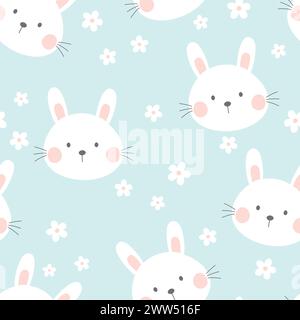 Niedliches nahtloses Häschen-Muster. Kindliche Vektorillustration auf blauem Hintergrund. Stock Vektor