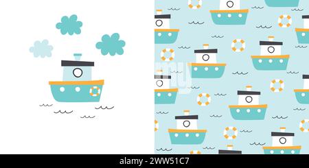 Niedliche Bootskarte und nahtloses Muster. Kindlicher Hintergrund mit Booten, Wellen, Rettungsgürtel und Wolken. Vektorabbildung. Stock Vektor