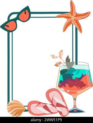 Sommerrahmen mit Cocktail, Flipflops und Seesternen mit Muschelvektorillustration Stock Vektor