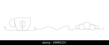 Linearer heißer Kaffee Tee mit frischem Croissant Vektor Banner. Poster mit einfachen Zeilenelementen für Menü. Stock Vektor