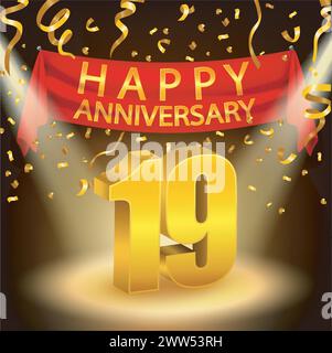 Happy 19th Anniversary Celebration mit goldenem Konfetti und Spotlight, Vektor-Illustration Stock Vektor