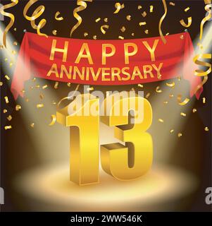 Happy 13th Anniversary Celebration mit goldenem Konfetti und Spotlight, Vektor-Illustration Stock Vektor