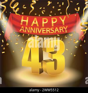Happy 43th Anniversary Celebration mit goldenem Konfetti und Spotlight, Vektor-Illustration Stock Vektor