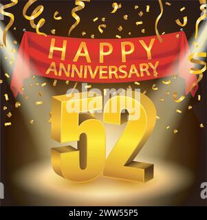 Happy 52th Anniversary Celebration mit goldenem Konfetti und Spotlight, Vektor-Illustration Stock Vektor