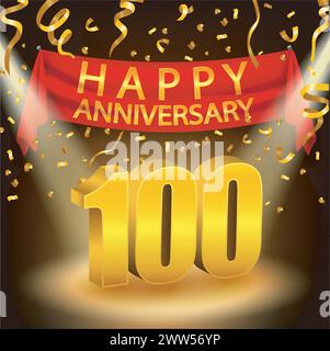Happy 100th Anniversary Celebration mit goldenem Konfetti und Spotlight, Vektor-Illustration Stock Vektor