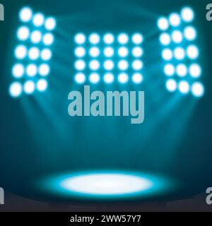 Helle Stadion Spotlights auf dunkelblauem Hintergrund, Vektor-Illustration Stock Vektor