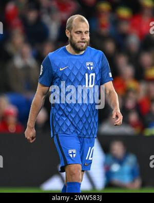 Cardiff, Großbritannien. März 2024. Teemu Pukki aus Finnland, während des Halbfinalspiels der UEFA-Euro-Qualifikation Wales gegen Finnland im Cardiff City Stadium, Cardiff, Vereinigtes Königreich, 21. März 2024 (Foto: Craig Thomas/News Images) in Cardiff, Vereinigtes Königreich am 21. März 2024. (Foto: Craig Thomas/News Images/SIPA USA) Credit: SIPA USA/Alamy Live News Stockfoto