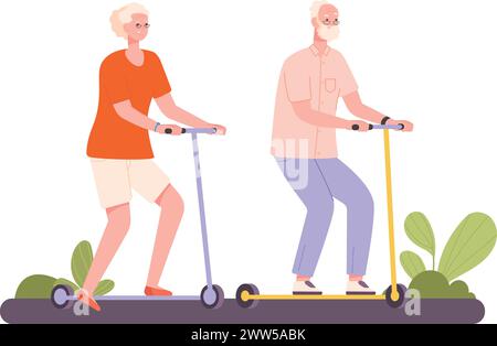 Senioren auf Rollern. Glücklicher alter Mann und Frau, die zusammen auf weißem Hintergrund reiten Stock Vektor