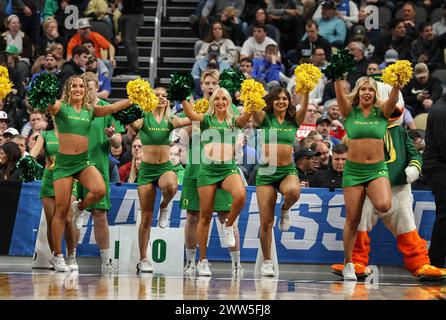 Pittsburgh, PA, USA. März 2024. Die Cheerleader der Oregon Ducks in der ersten Spielhälfte des Basketballspiels zwischen Oregon Ducks (11) und South Carolina Gamecocks (6) in der ersten Runde des NCAA-Turnierspiels in der PPG Paints Arena in Pittsburgh, PA. Quelle: csm/Alamy Live News Stockfoto