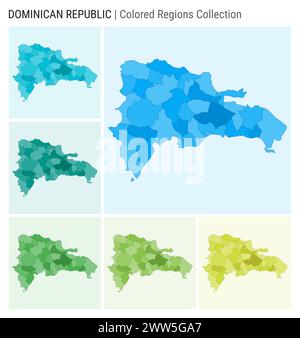 Kartensammlung Dominikanische Republik. Länderform mit farbigen Regionen. Hellblau, Cyan, Teal, Grün, Hellgrün, Farbpaletten in Limettenfarben. Stock Vektor
