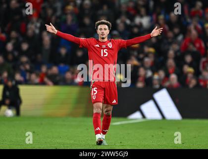 Cardiff, Großbritannien. März 2024. Ethan Ampadu aus Wales, während des Halbfinalspiels der UEFA-Euro-Qualifikation Wales gegen Finnland im Cardiff City Stadium, Cardiff, Vereinigtes Königreich, 21. März 2024 (Foto: Craig Thomas/News Images) in Cardiff, Vereinigtes Königreich am 21. März 2024. (Foto: Craig Thomas/News Images/SIPA USA) Credit: SIPA USA/Alamy Live News Stockfoto