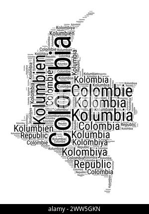 Schwarz-weiße Wortwolke in Kolumbien-Form. Einfache typografische Darstellung des Landes. Schwarze Wolke aus Kolumbien auf weißem Hintergrund. Stock Vektor