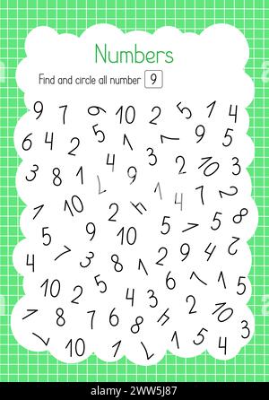 Suchen und Kreisen Sie Nummer neun einfache pädagogische Aktivität für Kinder, umreißen Sie handgezeichnete Vektor-Illustration, ausdruckbares Arbeitsblatt, Lernkonzept für Freizeitaktivitäten, Lehrerressourcen Stock Vektor