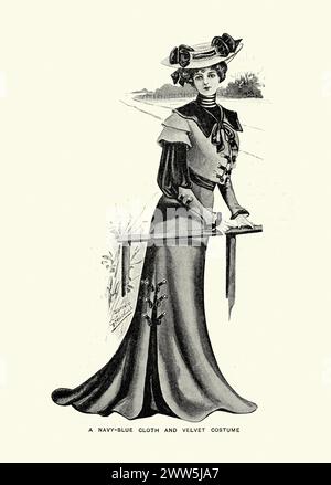 Britische Damenmode aus Edwardian, Kleid, 1902, Frau mit Stoff und Samtkostüm Stockfoto