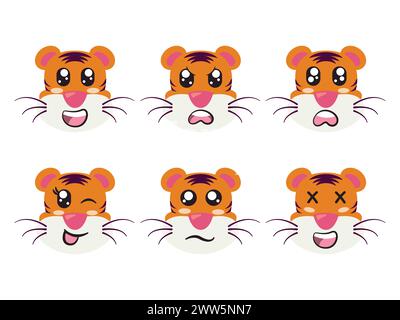 Orangefarbener Kopf Tigergesicht Charakter Ausdruck Lächeln fröhlich trauriges Augenzwinkern und fröhliche Geste Stock Vektor