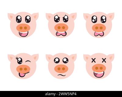 Pinkfarbener Kopf Schweinchen Gesicht Charakter Ausdruck Lächeln glücklich traurig blinzeln Auge und fröhliche Geste Stock Vektor