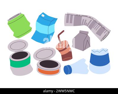 Übrig gebliebene Dose Flasche Lebensmittel Papiertüte Kaffeetasse Zeitung und Milchverpackung Müll Stock Vektor