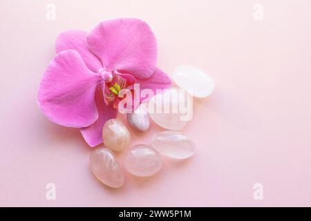 Rosenquarzkristalle und Orchideenblume. Heilkristalle, die Magie der Edelsteine. Stockfoto