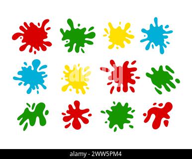 Farbset mit farbenfrohen Formen. Runde Tinte, flache Spritzer, dekorative Formen von Flüssigkeiten. Grunge Spritzer, Tropfen, Spritzer Zeichentrickstil. Holi-Set. Stock Vektor