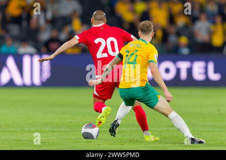 Sydney, Australien. März 2024. Ali Tneich kontrolliert den Ball während des Qualifikationsspiels zur FIFA-Weltmeisterschaft 2026 zwischen Australien und dem Libanon am 21. März 2024 im Western Sydney Stadium. Credit: IOIO IMAGES/Alamy Live News Stockfoto