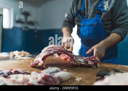 Fleischindustrie Schlachthof und Lebensmittelverarbeitung, Metzger im Laden. Hochwertige Fotos Stockfoto