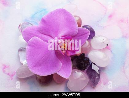 Wunderschöne Amethyst-Kristalle und Orchideenblume. Heilkristalle, die Magie der Edelsteine. Stockfoto