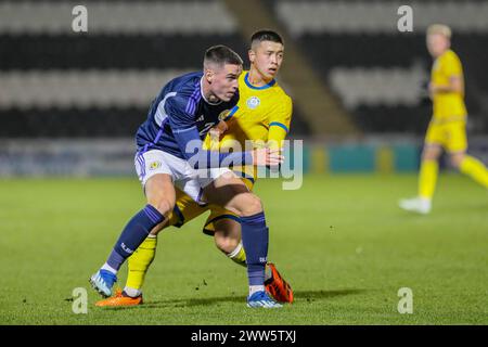 21. März 24. Paisley, Großbritannien. Schottland spielte gegen Kasachstan in der Qualifikation zur UEFA-U21-Meisterschaft im Smisa Stadium, Paisley, Schottland. Die Tore wurden von Josh Doig (3) 19 Minuten, Tommy Cameron (17) 24 Minuten, Tommy Conway (9) 38 Minuten Elfmeterschießen, Lewis Fiorini (10) 55 Minuten. Yan Trufanov (9) erzielte in 68 Minuten einen Elfmeter oder Kasachstan. Quelle: Findlay/Alamy Live News Stockfoto