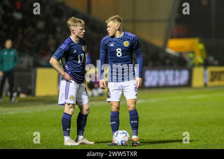 21. März 24. Paisley, Großbritannien. Schottland spielte gegen Kasachstan in der Qualifikation zur UEFA-U21-Meisterschaft im Smisa Stadium, Paisley, Schottland. Die Tore wurden von Josh Doig (3) 19 Minuten, Tommy Cameron (17) 24 Minuten, Tommy Conway (9) 38 Minuten Elfmeterschießen, Lewis Fiorini (10) 55 Minuten. Yan Trufanov (9) erzielte in 68 Minuten einen Elfmeter oder Kasachstan. Quelle: Findlay/Alamy Live News Stockfoto